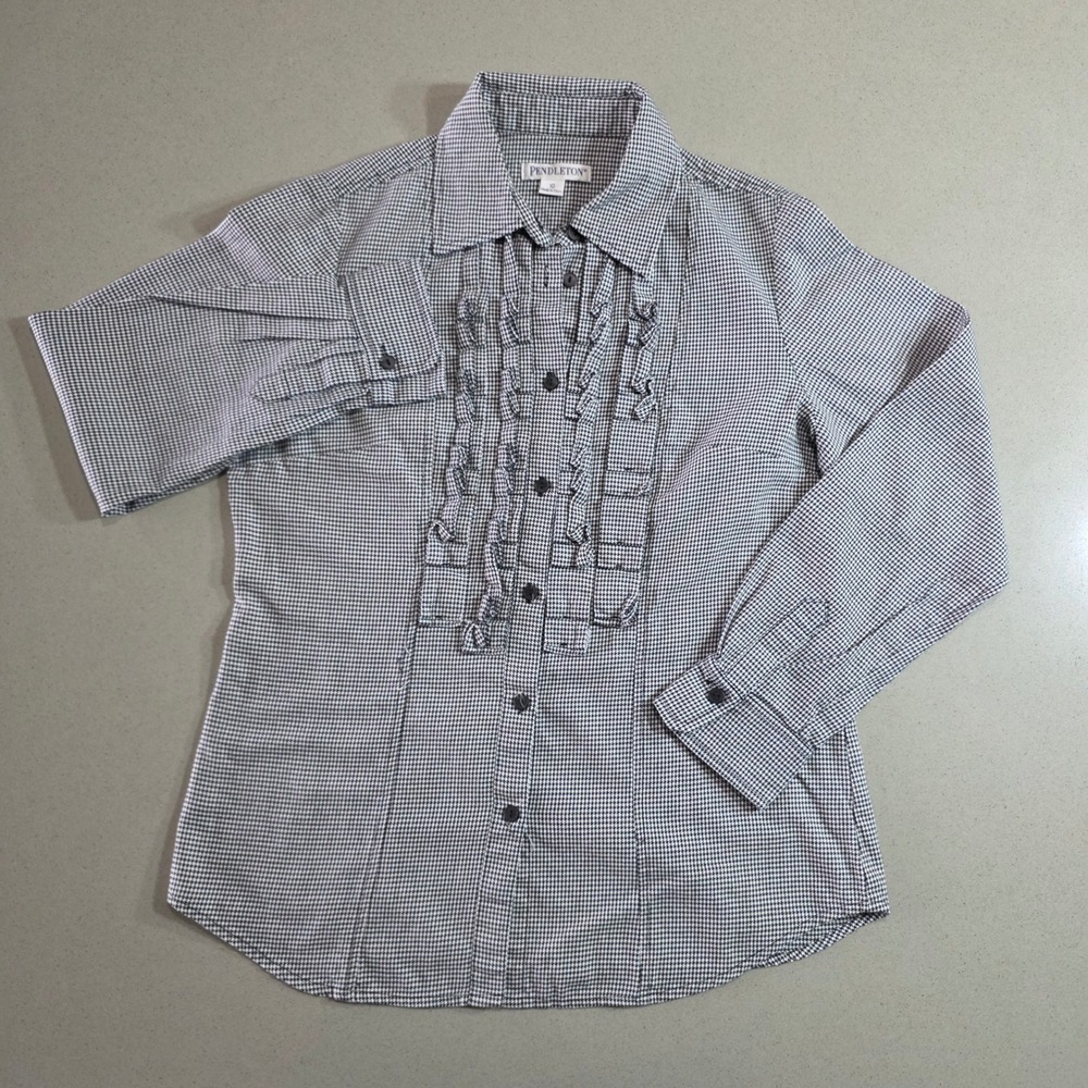 Pendleton Womens Black White Houndstooth Ruffle Front Button Down Shirt Size 10
